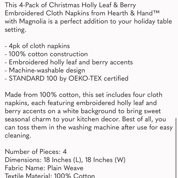 Hearth & Hand Magnolia 4pk Christmas Holly Leaf & Berry Embroidered Clot… - Picture 4 of 4